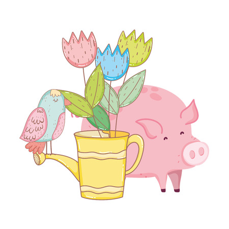 pig animal farm with sprinkler and flowers vector illustration designのイラスト素材