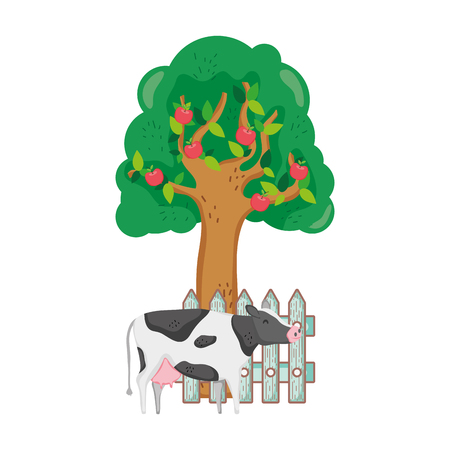cow farm with tree and fence vector illustration designのイラスト素材