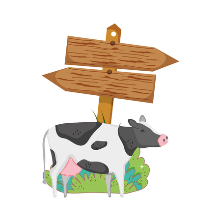 garden with wooden arrow signal and cow vector illustration designのイラスト素材