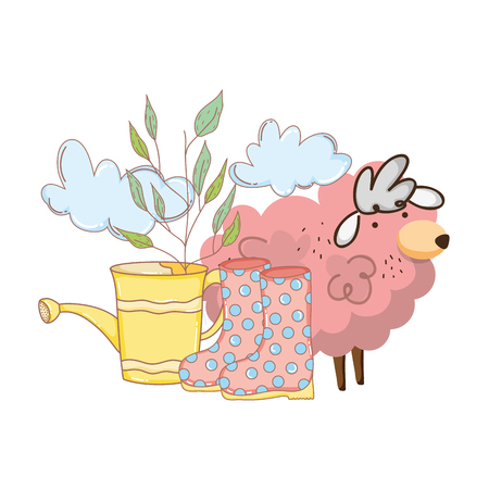 pink sheep farm with sprinkler and boots vector illustration designのイラスト素材