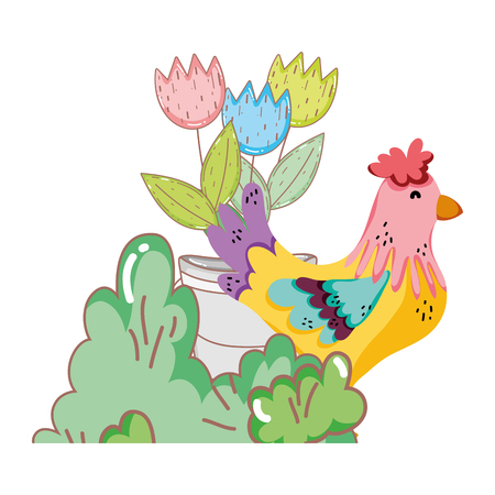 rooster bird farm with garden vector illustration designのイラスト素材