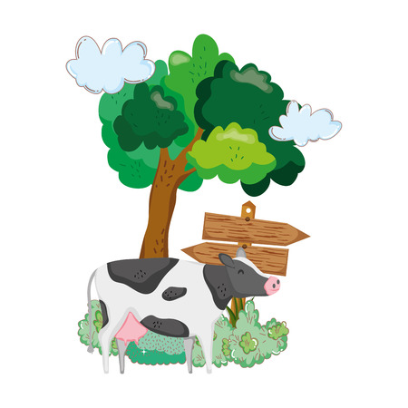 garden with wooden arrow signal and cow vector illustration designのイラスト素材