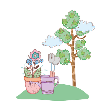 tree plant with garden and sprinkler vector illustration designのイラスト素材