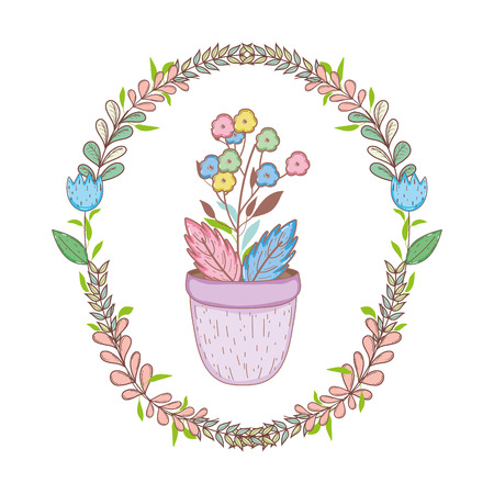 flowers in garden pot with wreath crown vector illustration designのイラスト素材