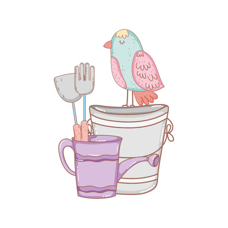 beautiful bird in metal bucket with sprinkler vector illustration designのイラスト素材