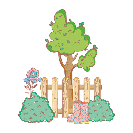 tree plant with fence and bush vector illustration designのイラスト素材