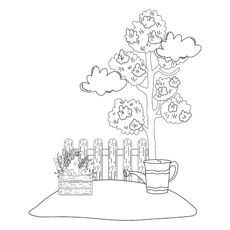 tree plant with garden and sprinkler vector illustration designのイラスト素材