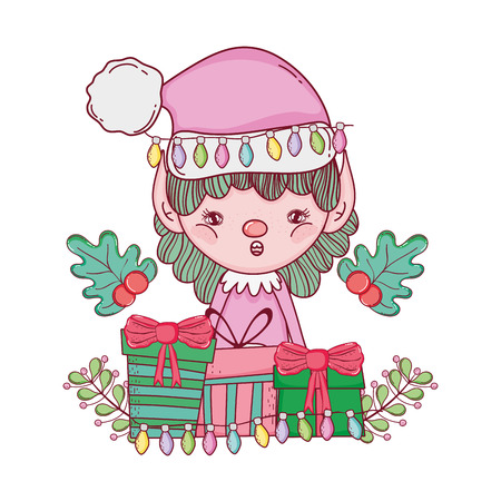 cute santa helper with gifts and wreath vector illustration designのイラスト素材