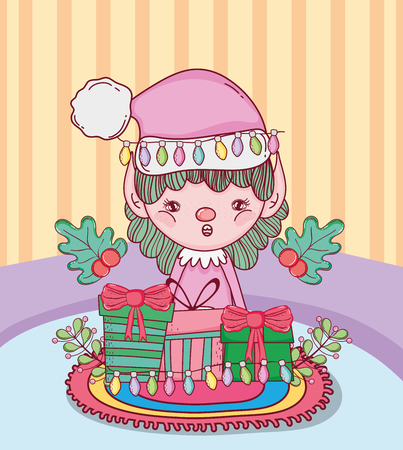 cute santa helper with gifts in the house vector illustration designのイラスト素材