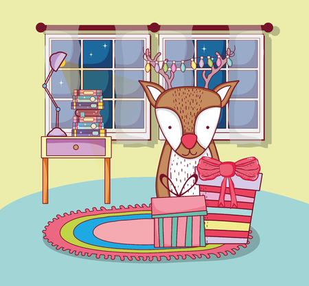 cute christmas reindeer with gifts in the house vector illustration designのイラスト素材