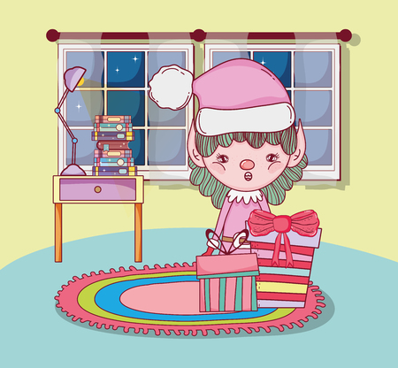 cute santa helper with gifts in the house vector illustration designのイラスト素材