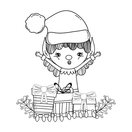 cute santa helper with gifts and wreath vector illustration designのイラスト素材