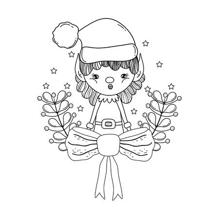 cute santa helper with wreath and bow vector illustration designのイラスト素材