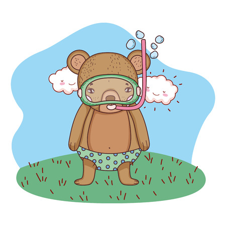 cute little bear with snorkel in the field vector illustration designのイラスト素材