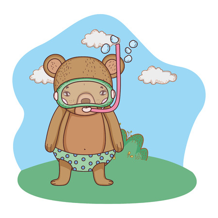 cute little bear with snorkel in the field vector illustration designのイラスト素材