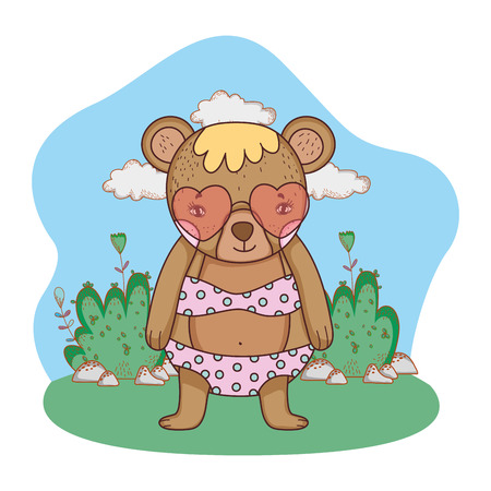 cute little bear with heart sunglasses in the camp vector illustrationのイラスト素材