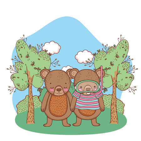 cute little bear with snorkel in the field vector illustration designのイラスト素材