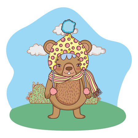 cute little bear with hat in the camp vector illustration designのイラスト素材