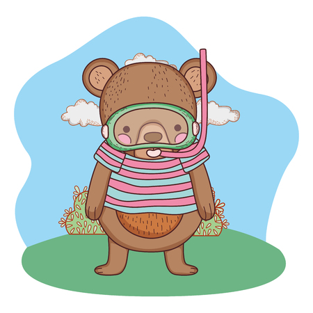 cute little bear with snorkel in the field vector illustration designのイラスト素材