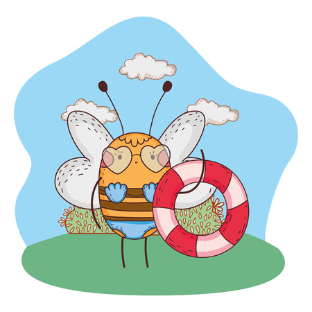 little bee with swimsuit and float in the camp vector illustration designのイラスト素材