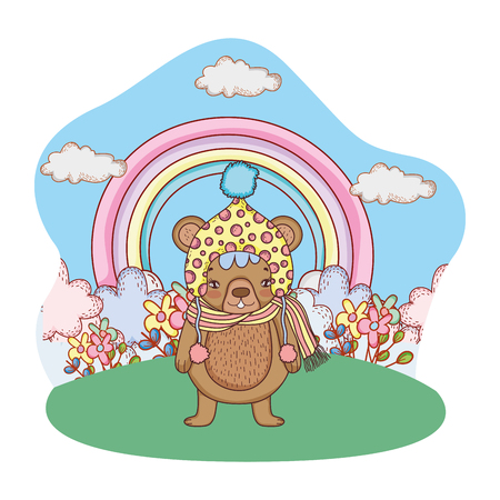 cute little bear with hat in the camp vector illustration designのイラスト素材