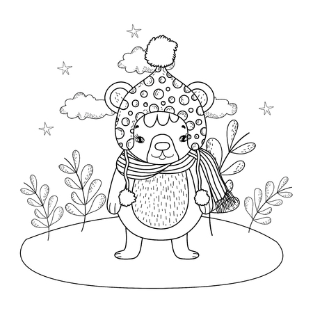 cute little bear with hat in the camp vector illustration designのイラスト素材