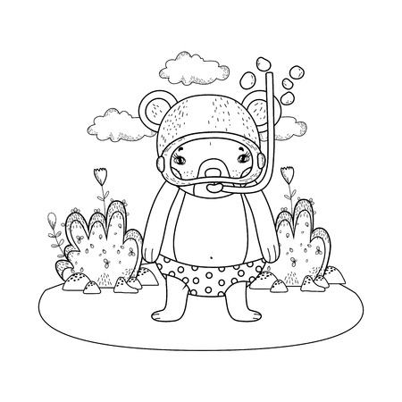 cute little bear with snorkel in the field vector illustration designのイラスト素材