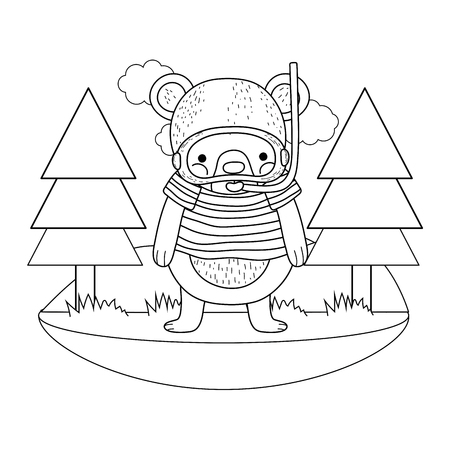 cute little bear with snorkel in the field vector illustration designのイラスト素材