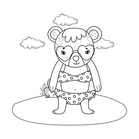 cute little bear with heart sunglasses in the camp vector illustrationのイラスト素材
