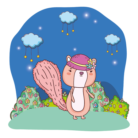 cute little chipmunk with female hat in the field vector illustration designのイラスト素材