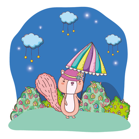 cute little chipmunk with umbrella in the field vector illustration designのイラスト素材