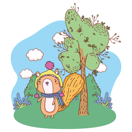 little chipmunk with hat and scarf in the field vector illustration designのイラスト素材