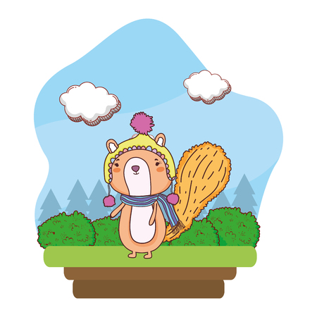 little chipmunk with hat and scarf in the field vector illustration designのイラスト素材