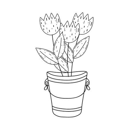 metal bucket with flowers garden vector illustration designのイラスト素材