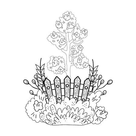 tree plant with fence and bush vector illustration designのイラスト素材
