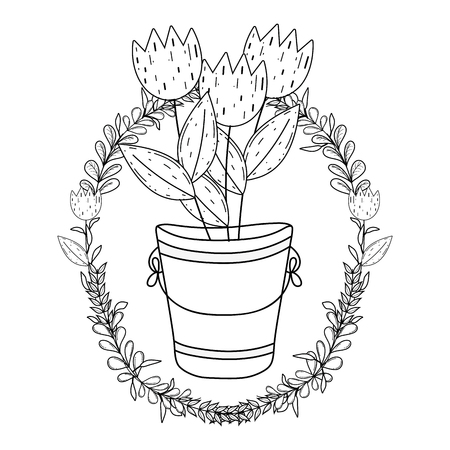 metal bucket with flowers garden vector illustration designのイラスト素材