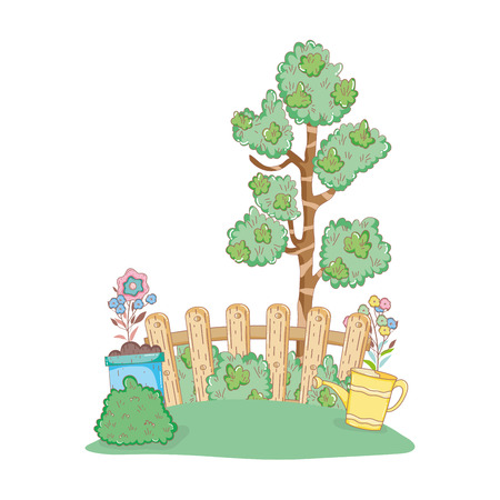 tree plant with garden and sprinkler vector illustration designのイラスト素材