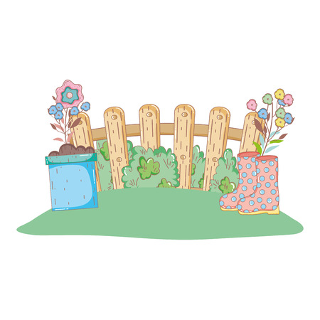 gardener boots rubber with fence vector illustration designのイラスト素材