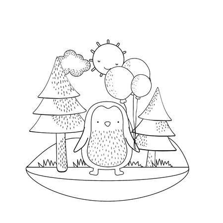 cute little penguin with balloons helium in the field vector illustrationのイラスト素材