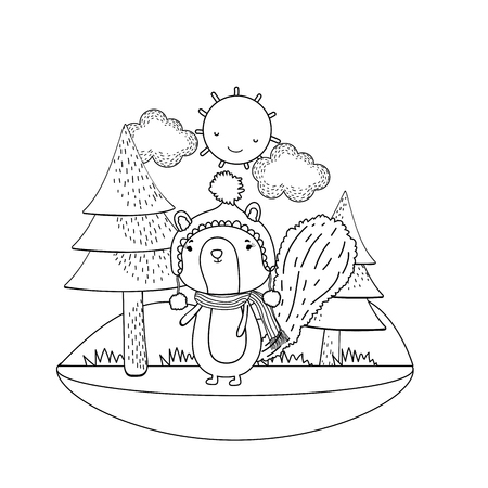 little chipmunk with hat and scarf in the field vector illustration designのイラスト素材
