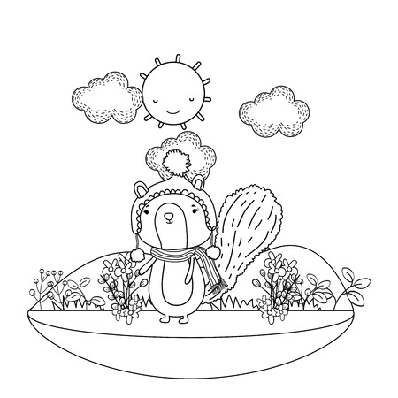 little chipmunk with hat and scarf in the field vector illustration designのイラスト素材