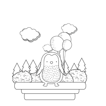 cute little penguin with balloons helium in the field vector illustrationのイラスト素材