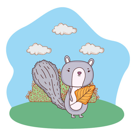 cute little chipmunk with leaf in the field vector illustration designのイラスト素材