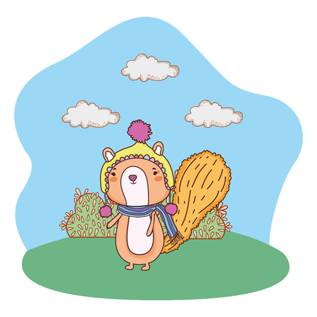 little chipmunk with hat and scarf in the field vector illustration designのイラスト素材