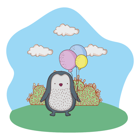 cute little penguin with balloons helium in the field vector illustrationのイラスト素材