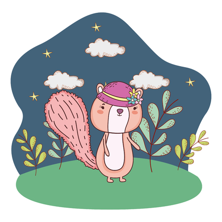 cute little chipmunk with female hat in the field vector illustration designのイラスト素材