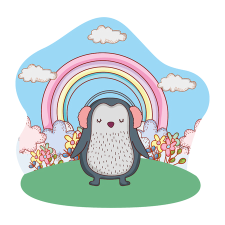 cute little penguin with earphones in the park vector illustration designのイラスト素材