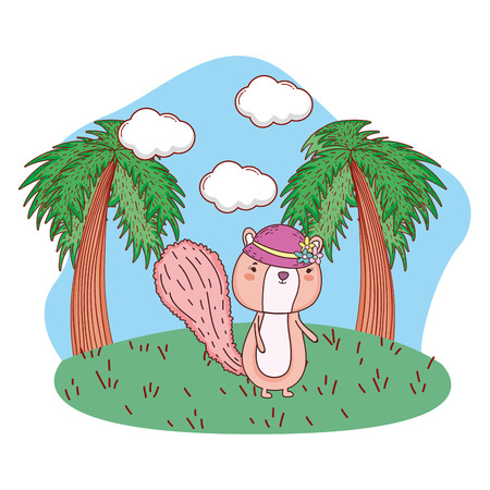 cute little chipmunk with female hat in the field vector illustration designのイラスト素材