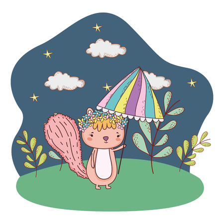 chipmunk with umbrella and sunglasses in the field vector illustrationのイラスト素材