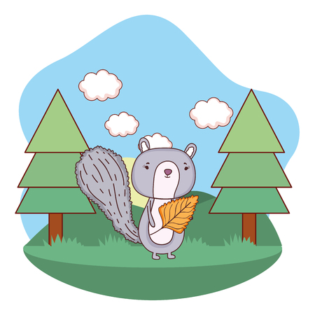 cute little chipmunk with leaf in the field vector illustration designのイラスト素材